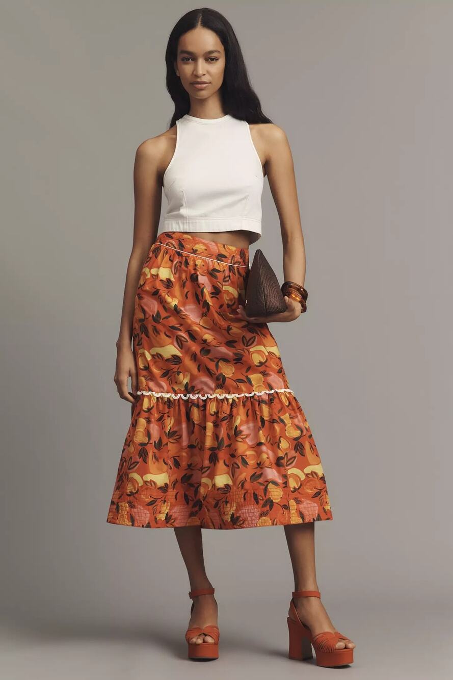 New Anthropologie Farm Rio Tiered Flare-Hem Midi Skirt $178 X-Large Red Fruit XL